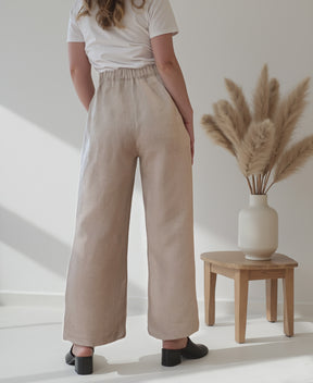 Pantalon à jambe large taille élastique en lin beige fait au Québec